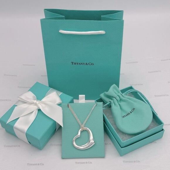 Tiffany & Co Elsa Peretti Large Open Heart Pendant Mesh Necklace Sterling Silver - Picture 1 of 15